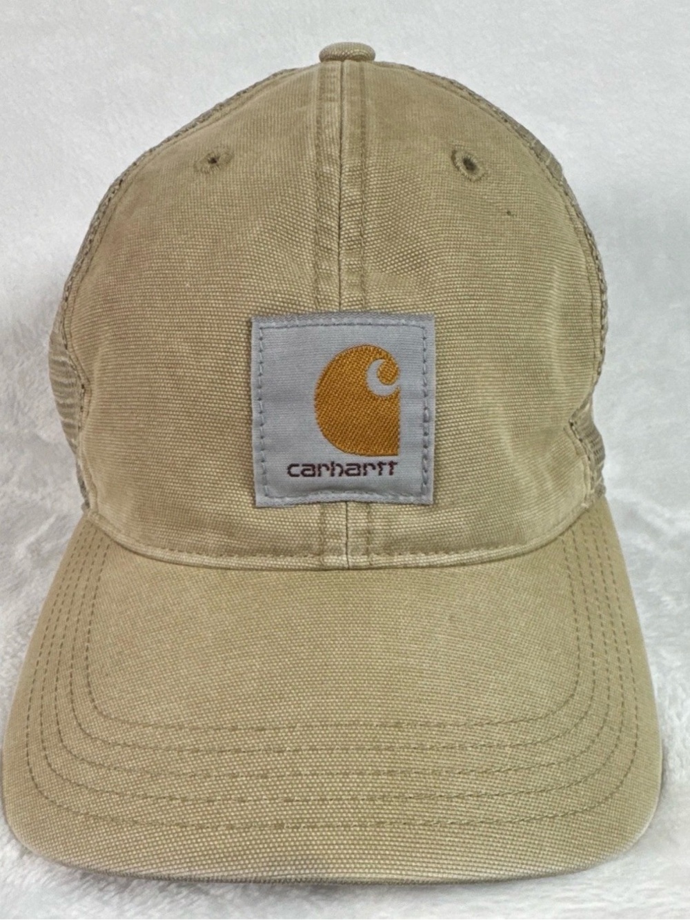 Carhartt Canvas Mesh Back Trucker Hat Tan Beige Logo Patch Cap